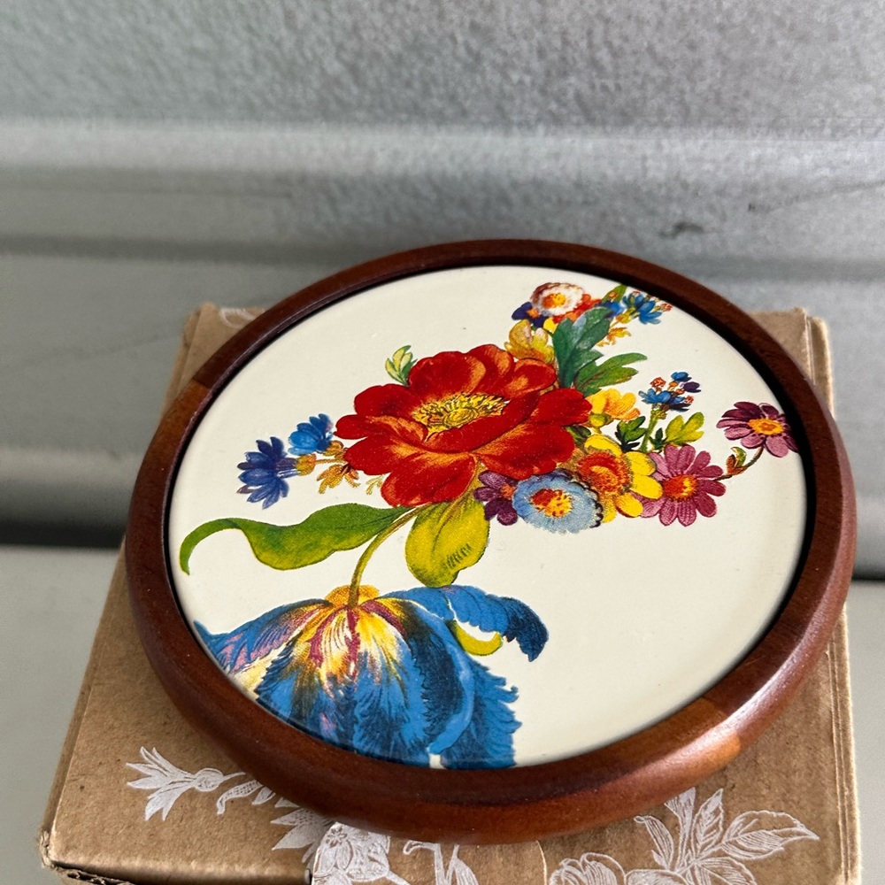 MacKenzie-Childs white flower Coasters with Wooden Frame set of 4
